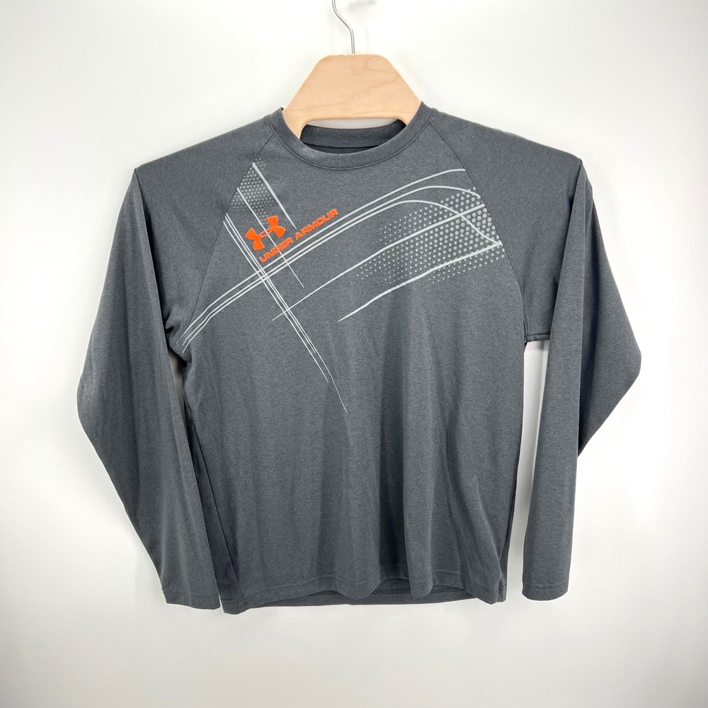 Under Armour HeatGear Shirt Mens Medium Gray Orange Running Athletic Long Sleeve